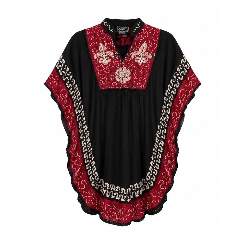 Higness NYC Embroidered Boho Caftan Poncho Tunic Top Black Red One Size